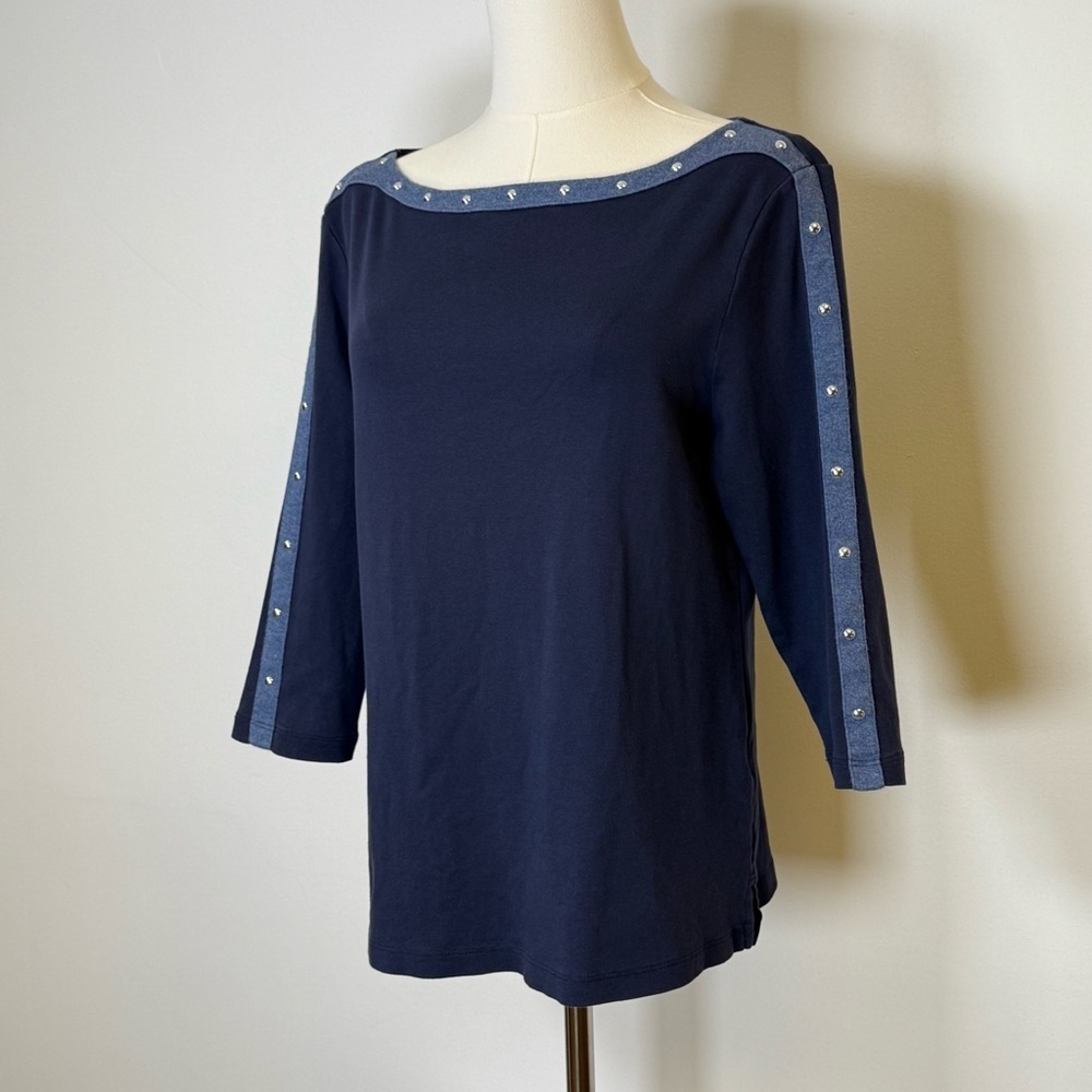 Karen Scott Studded Boat Neck Cotton Top Navy 3/4 Sleeve Women’s Petite Large - Picture 2 of 7